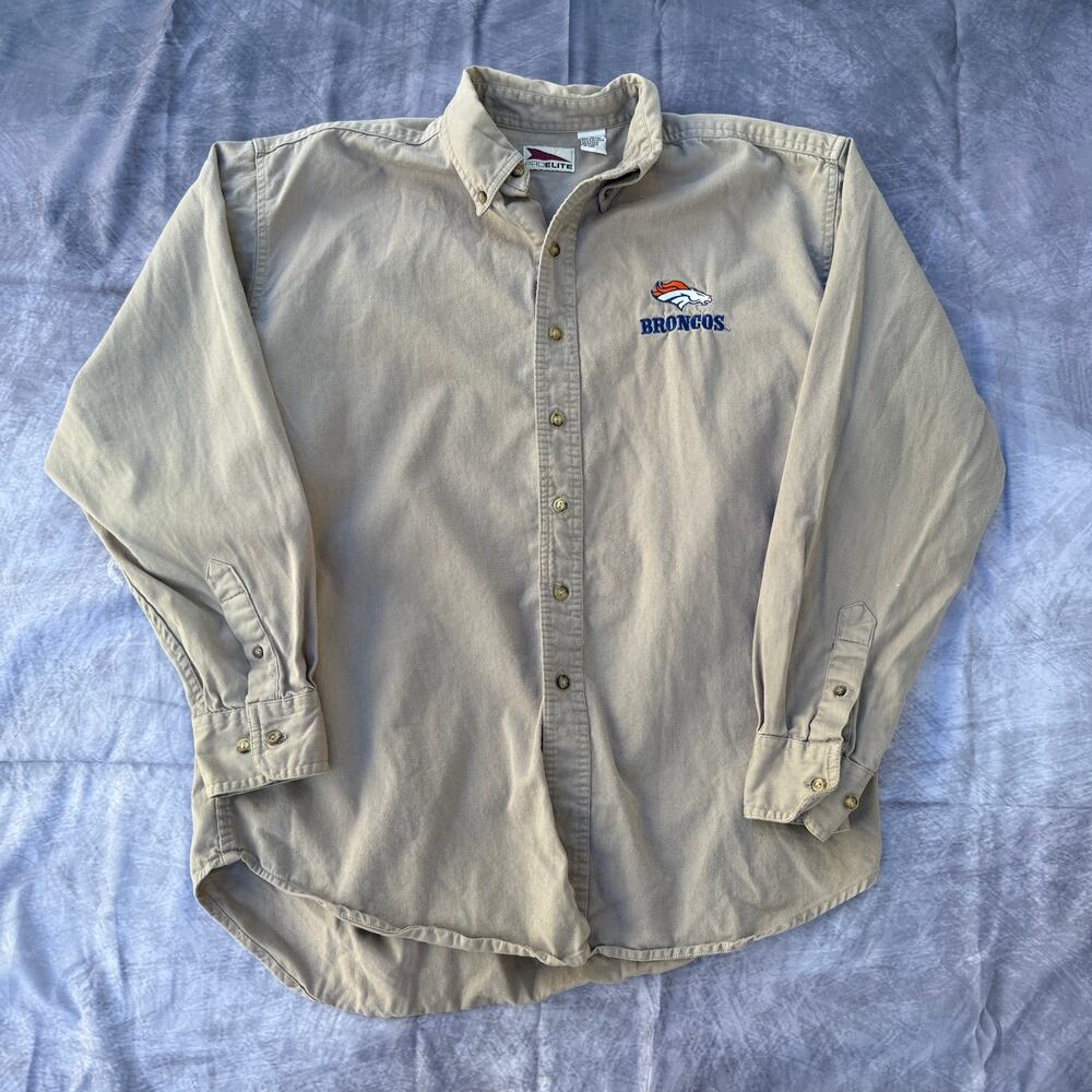 Men's Vintage 90's Denver Broncos Tan Brown Button Up Long Sleeve Shirt Sz M VTG